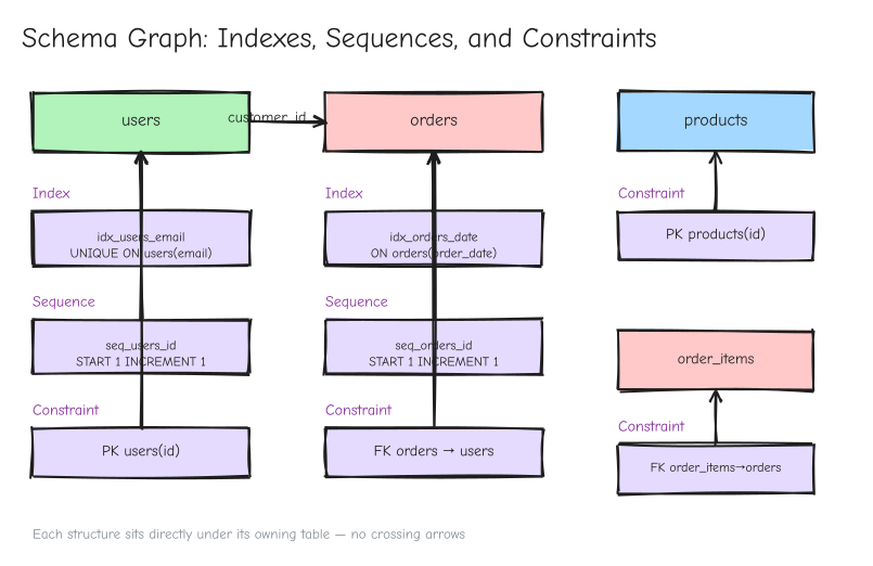 Schema Graph: Indexes, Sequences, and Constraints
